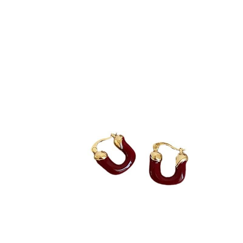 Premium Sense Roter Öl Tropfen Metall Ohr Schnalle Damen Herbst Und Winter Einfach Leicht Luxuriös Mode Temperament Vielseitige Ohrringe