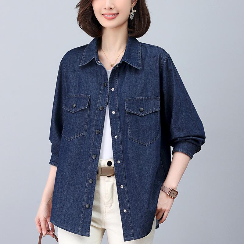 Women's European Style Denim Shirt Jacket, Spring/Autumn 2024, Plus Size, Loose Fit, Mid-Aged Mom Top.