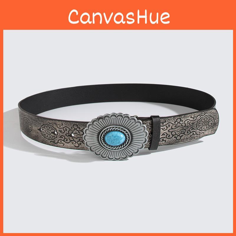 Punk Style Embossed Leather Belt With Large Gemstone Flower For Streetwear