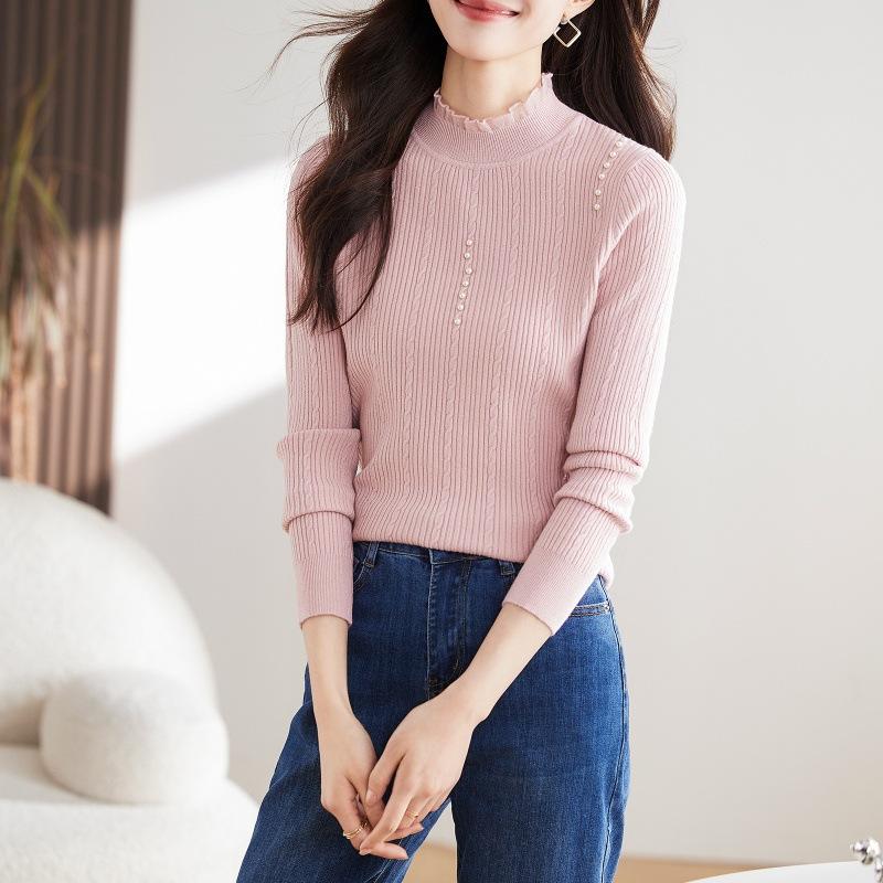 Lace Semi-turtleneck Bottoming Shirt Women's Autumn and Winter Inner Twist Pearl Chic Top Knitted Sweater Women's Long-sleeved Slim-fit