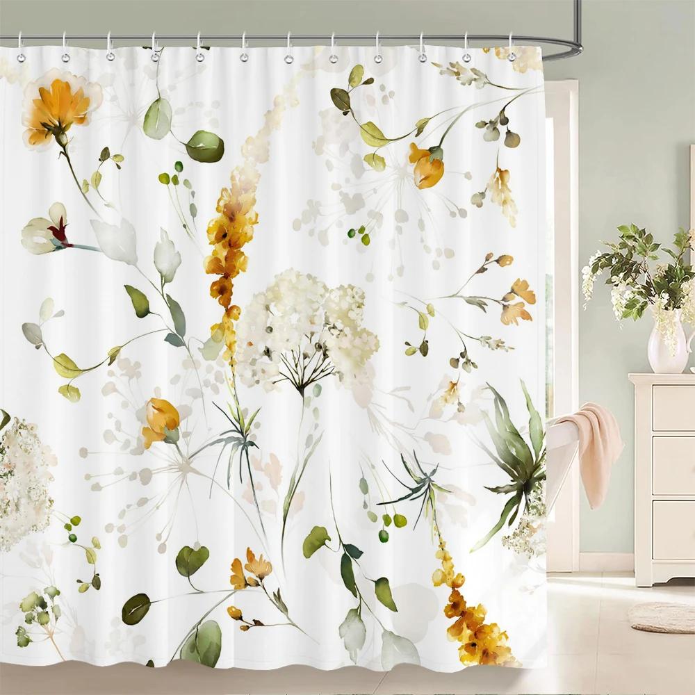 Green Plant Leaves Print Shower Curtains Watercolor Boho Floral Waterproof Morden Bathroom Bathtub Curtain Room Decor With Hooks