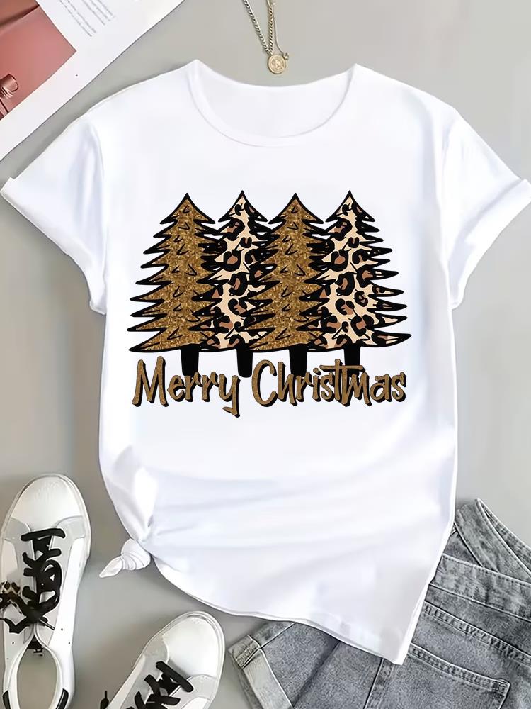 (Asian Size) Style Cute Tee Top Print Christmas New Year Clothing T Shirt Women Fashion Festival Female Woman Short Sleeve Graphic T-shirts