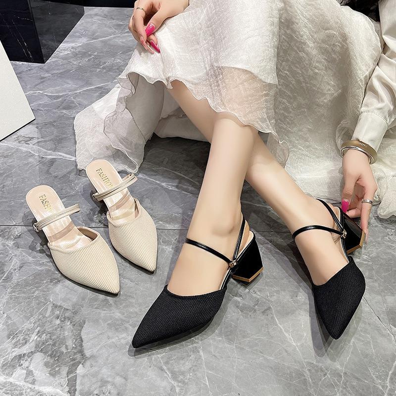Pointed thick heel solid color fashion single shoes women's new two wear cool slippers women's fashion high heel sandals