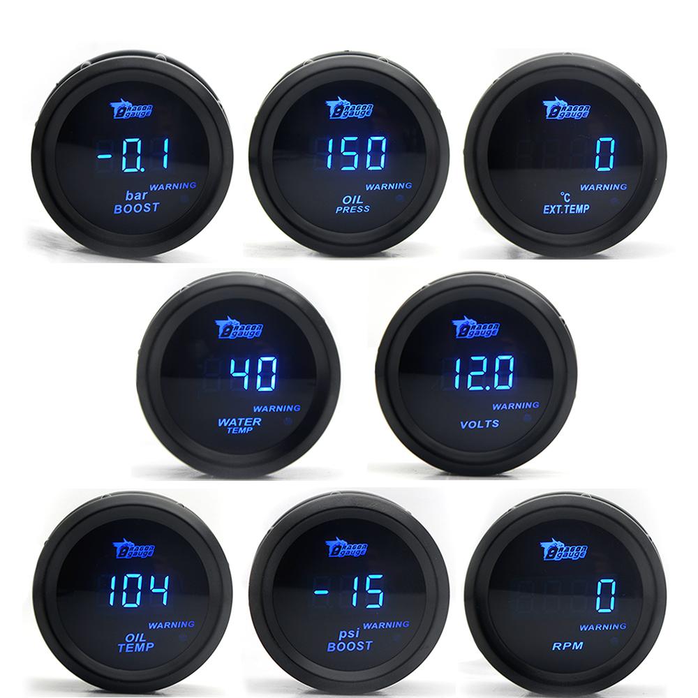2' 52mm Car Digital Turbo Boost Gauge PSI BAR Water Temp Oil Temp Oil Pressure Gauge Voltmeter EGT Tachometer RPM Gauge