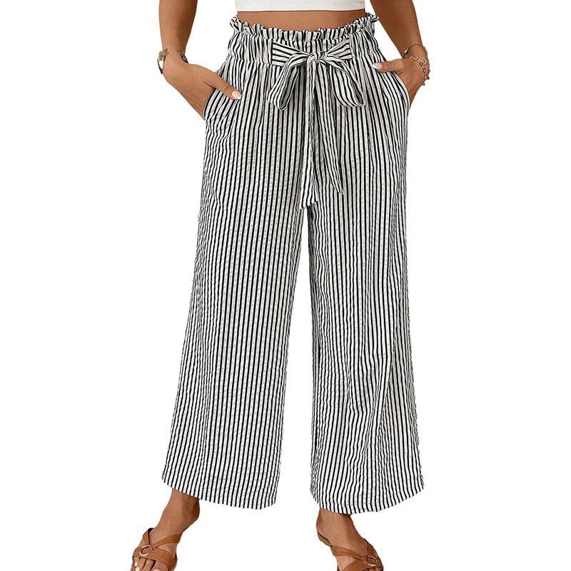American Shiying Stripe Print High Waist Straight Pants Women 2025 Summer New Loose Lace-up Casual Pants Women
