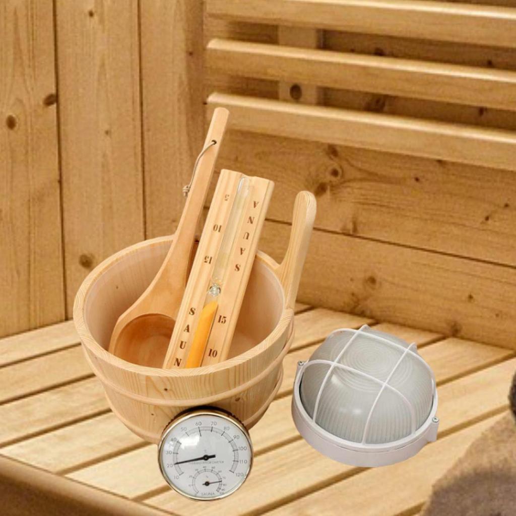 Pacchetto Accessori Sauna Deluxe: Secchio di Legno, Termometro e Collezione di Vasi Floreali per la Casa