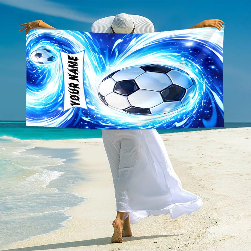 1PC Custom Name Soccer Ball Blue Swirls Beach Towel Highly Absorbent And Sand-Resistant Towel for Swimming, Pool, Yoga, And Travel Lightweight