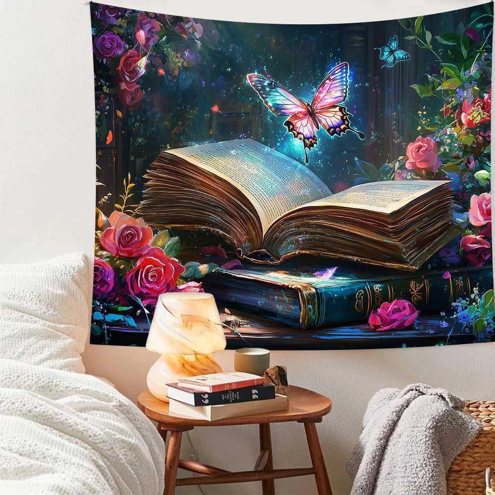 Magic Book Tapestry Pink Floral Dreamlike Butterflies Wall Hanging Tapestries for Bedroom Living Room College Dorm Aesthetic