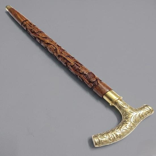 Hand Carved Wooden Walking Cane, Engraved Brass Handle, Detachable Walking Stick