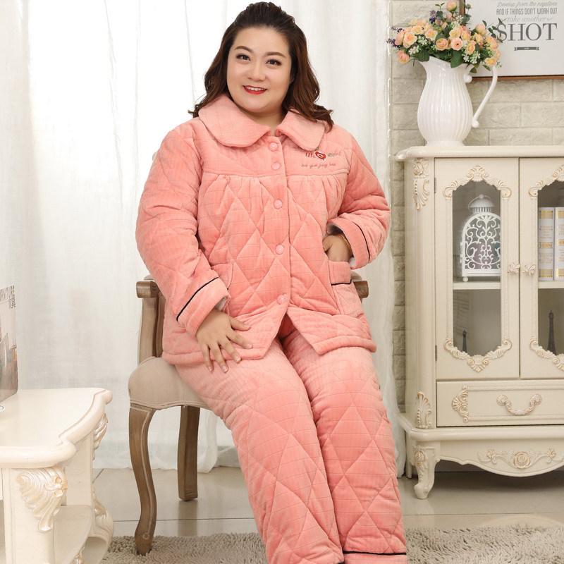 Mei Ji Yun Women's Plus Size Quilted Flannel Pajama Set - Cozy Three-Layer Design for Home Wear