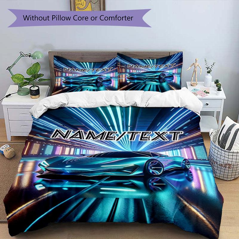 3PC Custom Name Futuristic Car Neon Lights Bedding Set Printed Bedding Set Duvet Cover Closure Includes 1 Duvet Cover & 20 Pillowcases for Bedroom