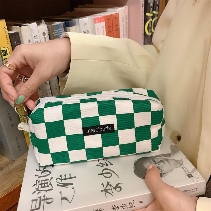 Leopard Grid Chess Print Pencil Case Large Capacity Stationery Bag Storage