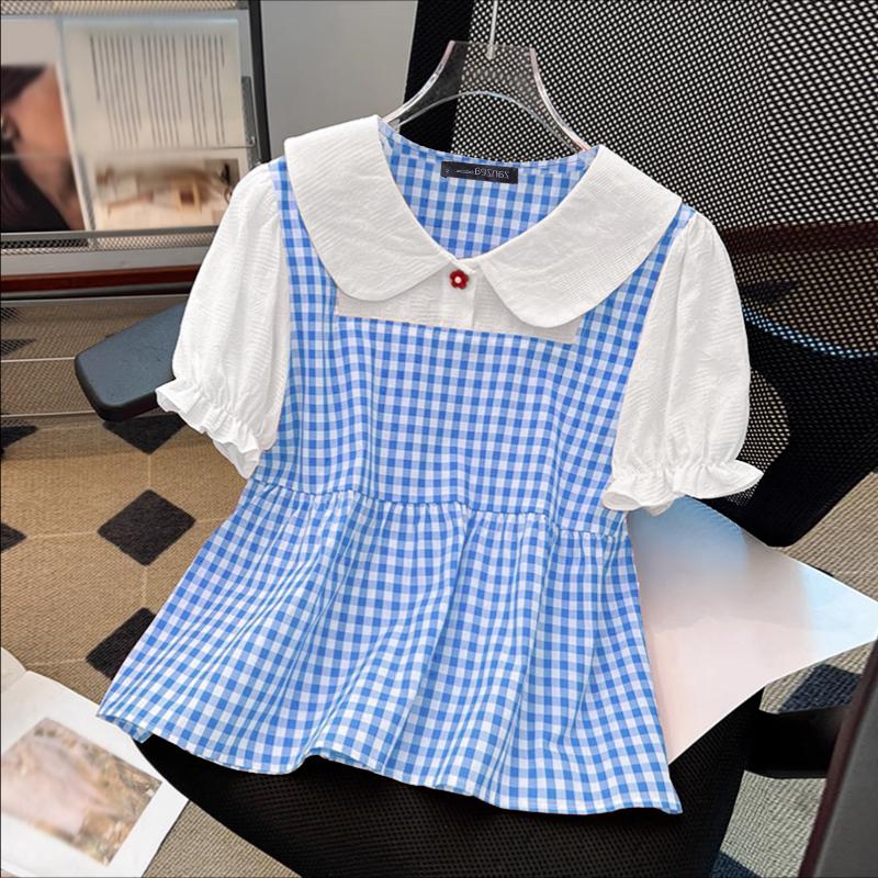 

ZANZEA Женская летняя повседневная блузка с кукольным воротником, короткими рукавами и пэчворком с принтом в клетку 3XL синий