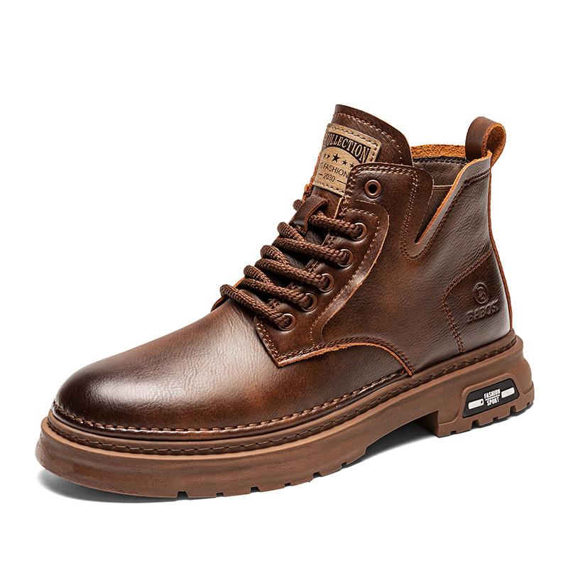 Fashion Men's Fashion Trends Brown Leather Boots Outdoor Walking Mountaineering Travel Thick Bottom Ankle Boots Comfort Durable Boots