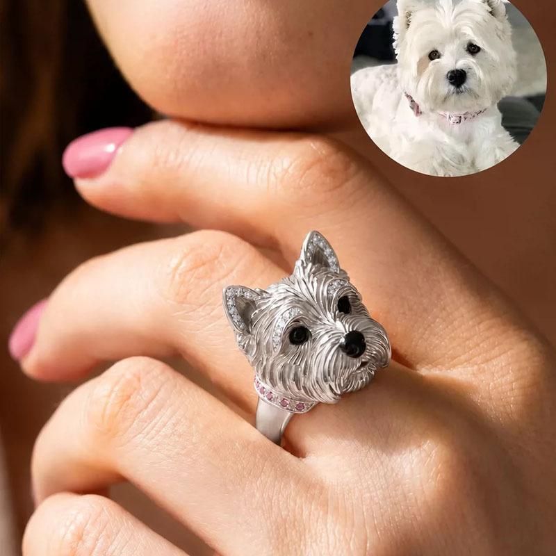 Cute Kitten Puppy Head Ring With Bow & Sparkly Stones Unique Animal Jewelry For Women Perfect Gift For Cat Dog Lovers