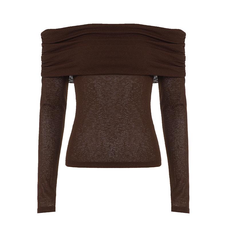 

European-Inspired Women s One-Shoulder Long Sleeve Basic T-Shirt - Solid Color, High-End Feel Large коричневий