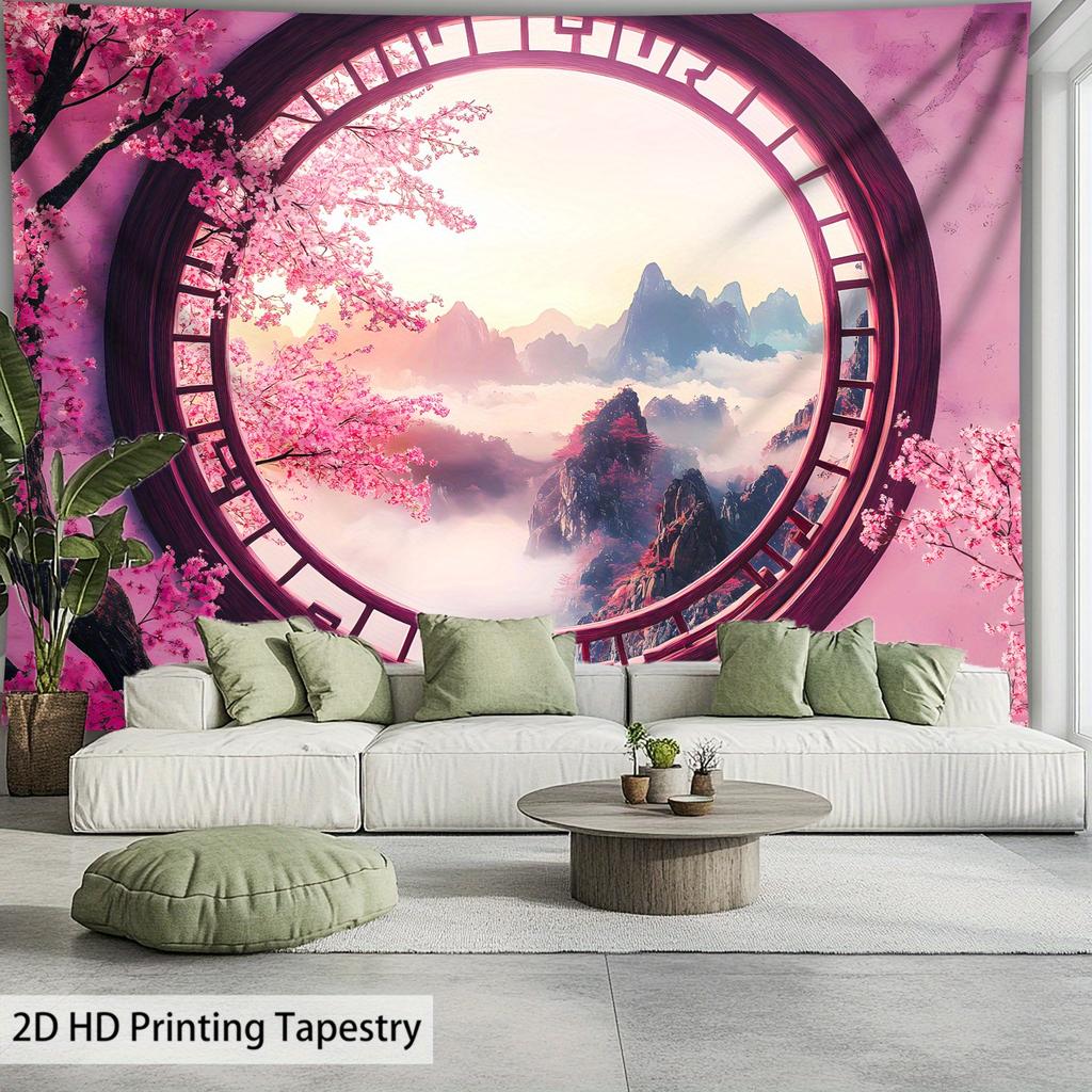 Cherry Blossom Mountain Scenery Digital Printing Polyester Wall Tapestry Suitable for Use In Living Rooms Offices Bars and Party