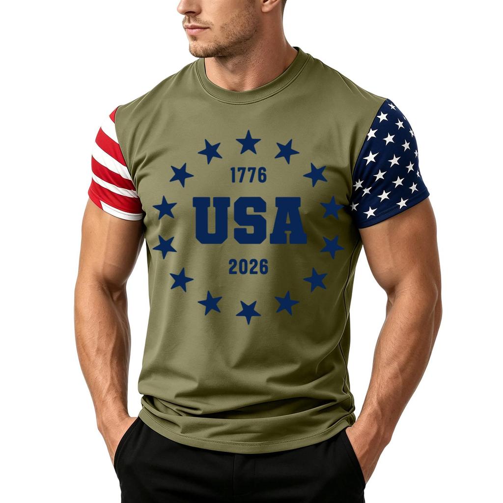 Men's Independence Day Flag Print Short Sleeve T-Shirt, Loose Casual Daily Summer Tops