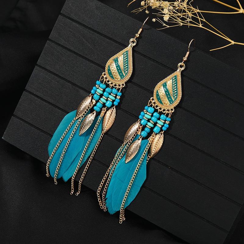 Retro Feather Fringed Earrings Women's Niche Personality Bohemian Blue Long Yunnan Travel Photography Earrings