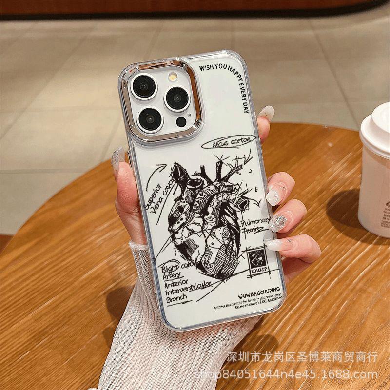 Sketch Heart for iPhone15promax Phone Case Apple 16 Electroplated Photo Frame 14/13 Protective Case 17