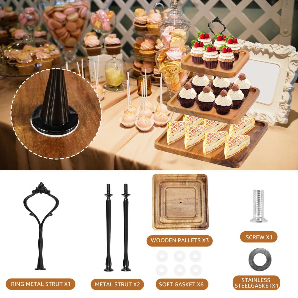 3 Layer Wood Cupcake Stand High-capacity Snacks Display Tray Square Plates for Desserts Fruits,Kitchen Organizer for Xmas Party