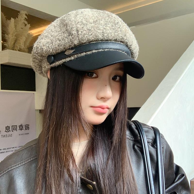 Leather brim duck tongue beret autumn and winter hat women's velvet warm octagonal hat fashionable versatile painter hat