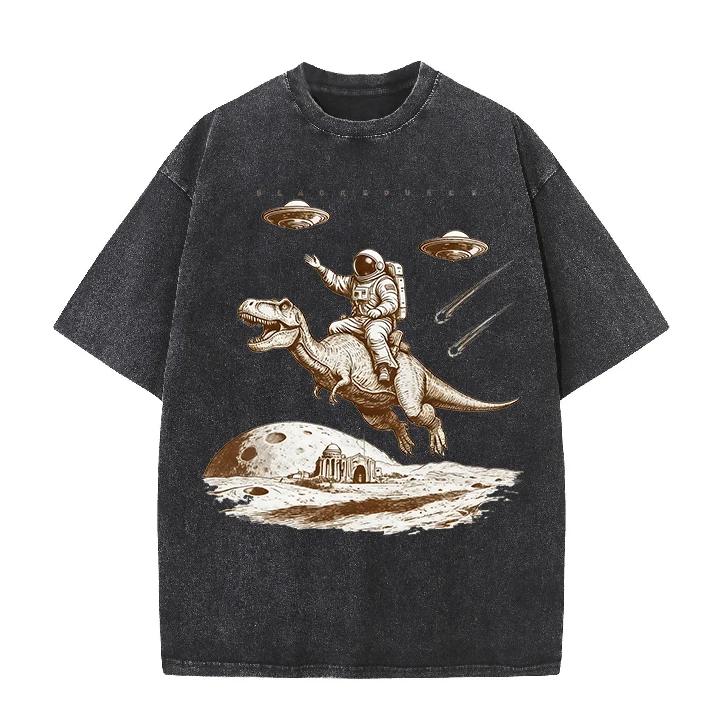 Cartoon Dinosaur Print 2026 Fashion Unisex Washed Distressed Vintage Tee Casual Loose Short Sleeve Top Summer Vacation Clothes