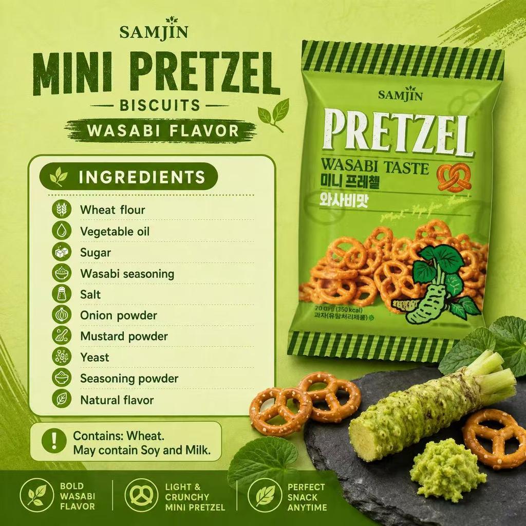 SAMJIN Mini Pretzel Biscuits 70g Wasabi Flavor | Crispy Crunchy Texture, Spicy Wasabi Flavor, Convenient Snack