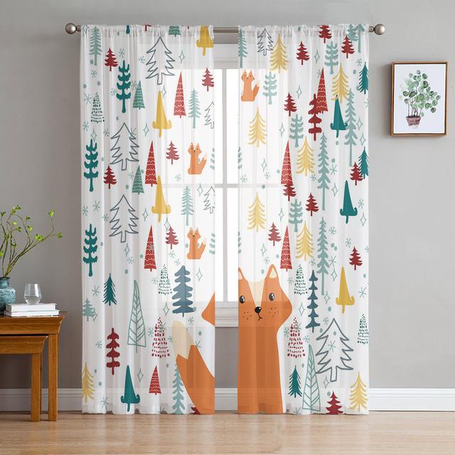 Animal Bird Fox Forest Winter Window Curtains For Living Room Kitchen Door Curtain Sheer Curtains For Bedroom