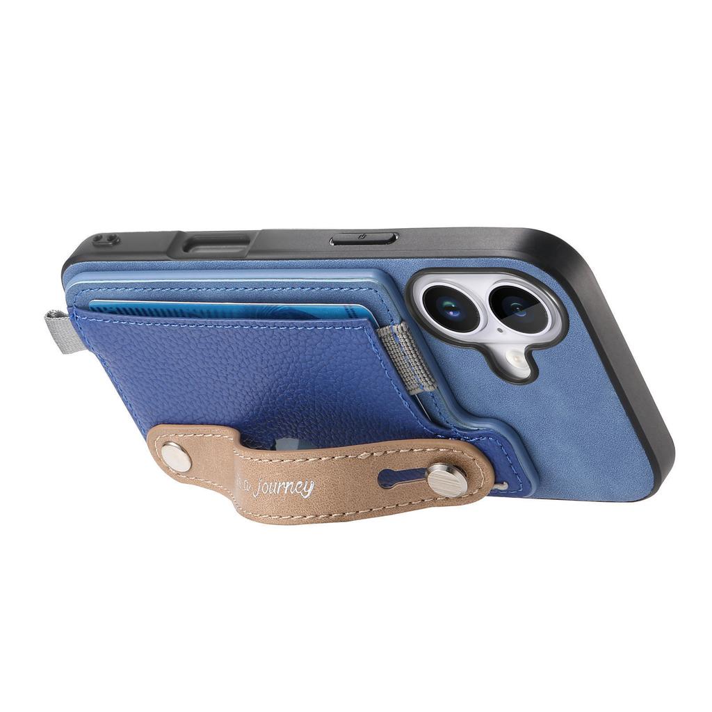 For iPhone 16 Plus Magnetic Leather Back Case with Detachable Card Holder and Wristband