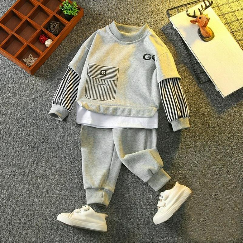 Children s Clothing, Autumn Clothing, Boys  Sweater Suits, Spring and Autumn Fake Two-piece Handsome Fried Street Children s Sports 110 серый