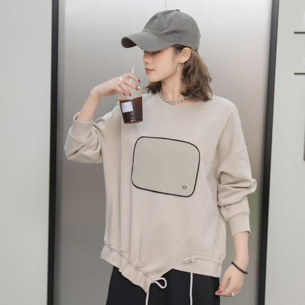 DIMANAF 2024 Pullover Autumn Buttons T-shirt Women Printing Solid Asymmetrical Full Sleeve Loose White Black