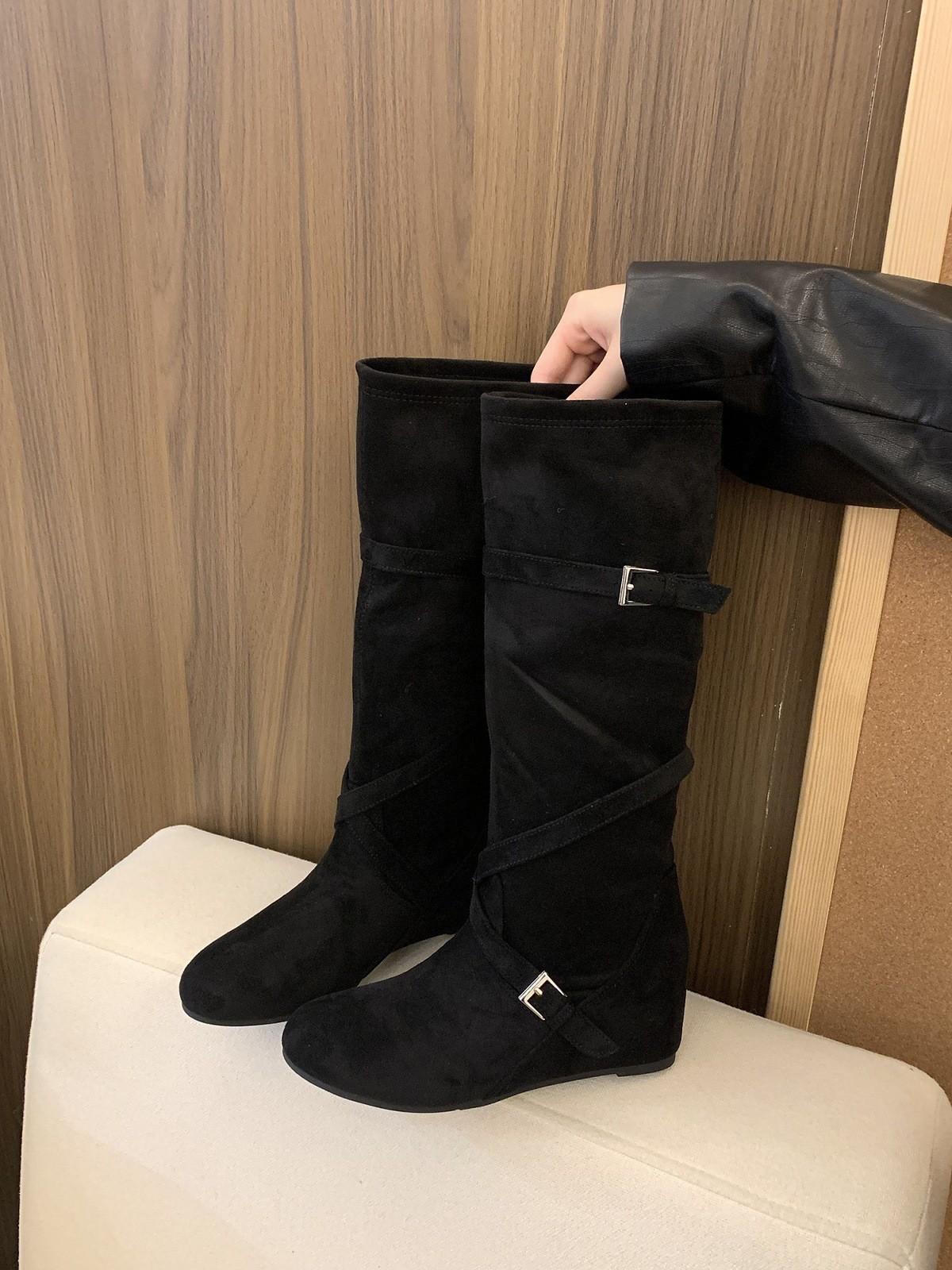 

Inner heightening retro khaki suede stacking boots long boots women s autumn and winter thin boots knight boots 39 чорний