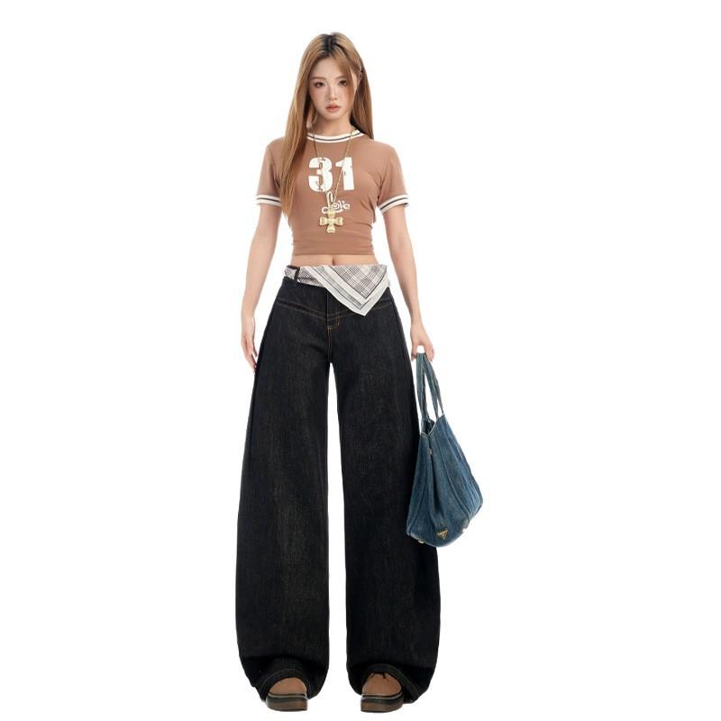 American black and gold pleated jeans women's new low waist loose yellow stitching thin drape scimitar wide leg pants