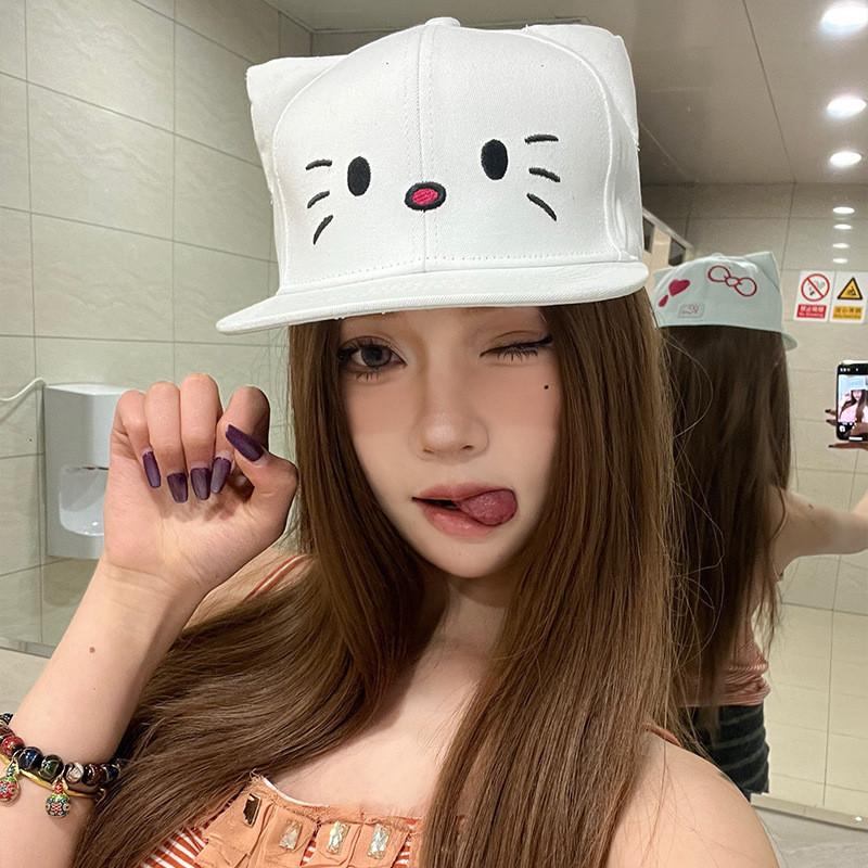 Baseball Delightful White Cap Women With Cute Cat Illustration Accessory Trendy