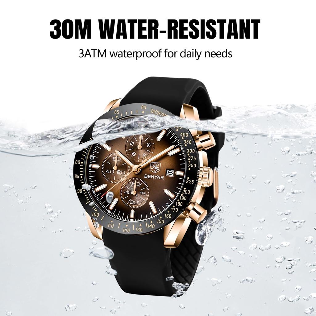 Benyar Men's Chronograph Watch 30M Water Resistant Formal Leather Band Quartz Stylish Brown Silver Blue