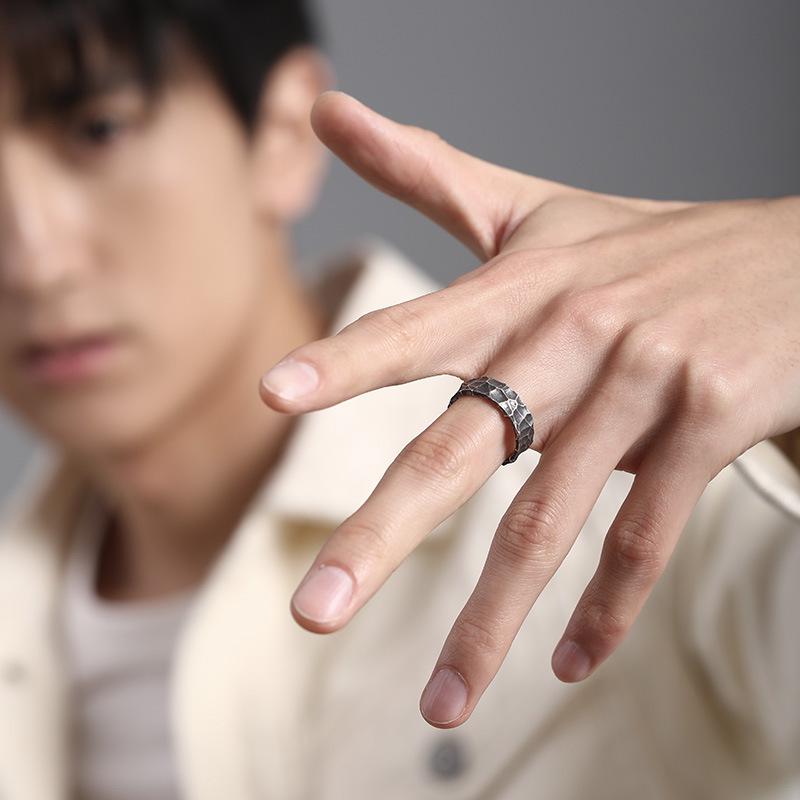 Sterling Silver Retro Men's Open Ring with Cracked Hammered Texture