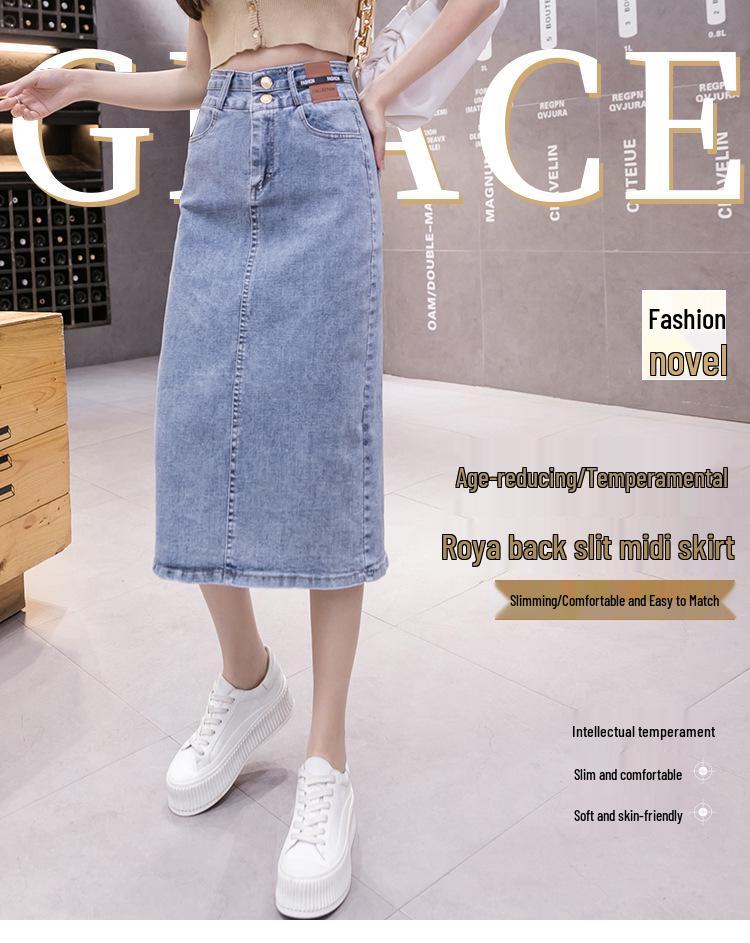 Korean Style High Waist Elastic Bodycon A-line Slit Midi Denim Skirt - Spring/Autumn 2024
