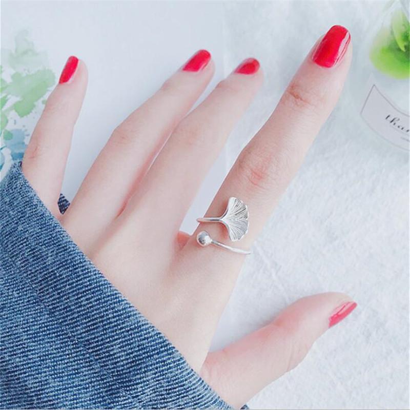 New Simple Popular Ginkgo Leaf 925 Sterling Silver Jewelry Not Allergic Fresh Round Beads Exquisite Popular Opening Rings R215