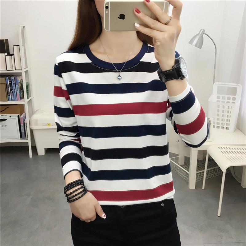 Women's Plus Size Striped Long Sleeve Cotton T-Shirt - Autumn Collection for Middle-Aged Moms