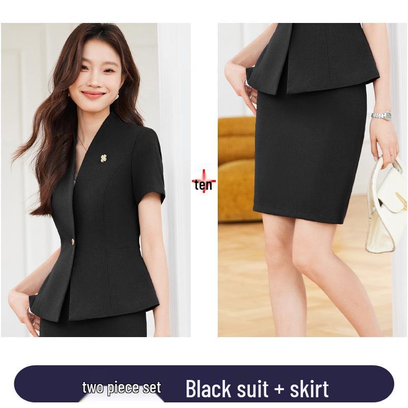 Women's Short Sleeve Black Blazer & Skirt Suit Set - Summer 2024 High-End Professional Workwear