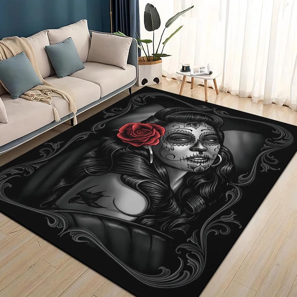 Covor Rug 3D Craniu Gotic Față Trandafir Femeie Desen Animat Groaznic pentru Sufragerie Dormitor Casă Decor Canapea, Covoraș de Podea Antiderapant pentru Copii