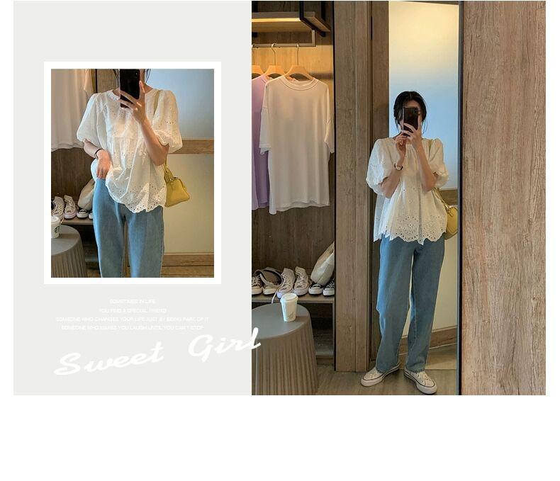 2025 Summer Women's French Embroidered White Doll Shirt with Hollow Bubble Short Sleeves