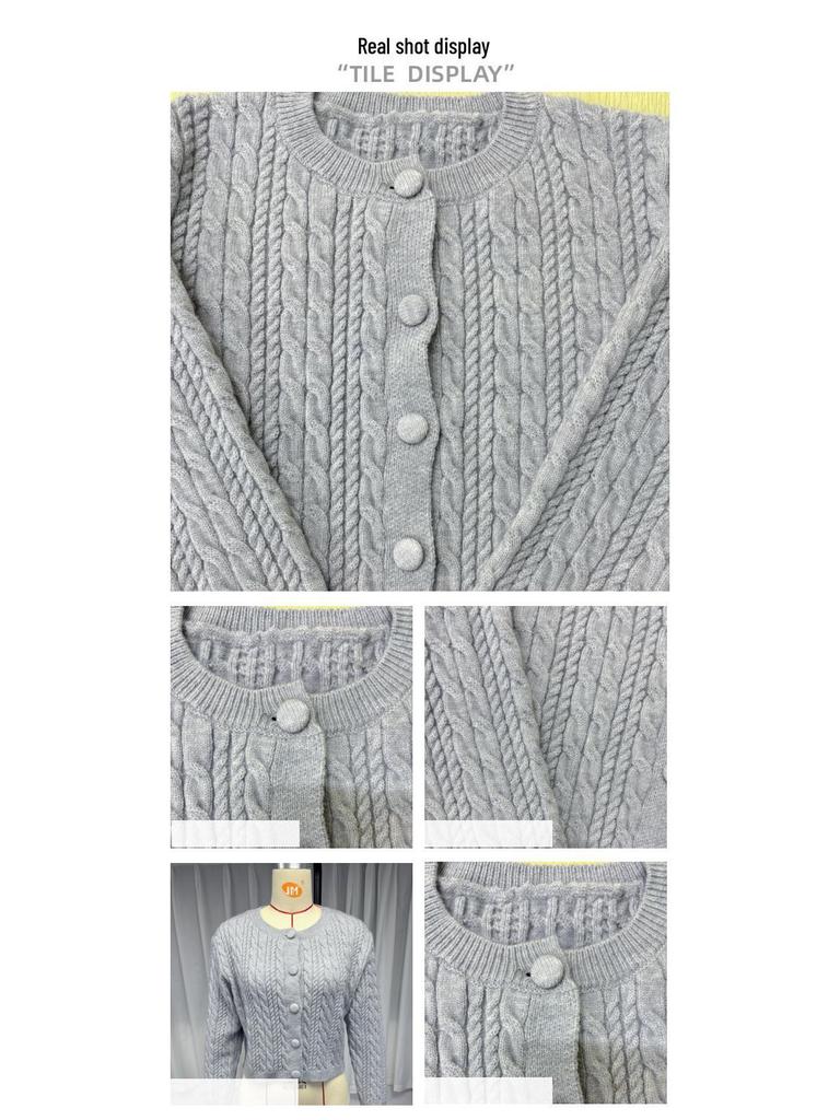 2024 Herbst Schlank geschnittener Zopfmuster-Strickjacke – Einfarbig, Rundhalsausschnitt, Vielseitiger Stil