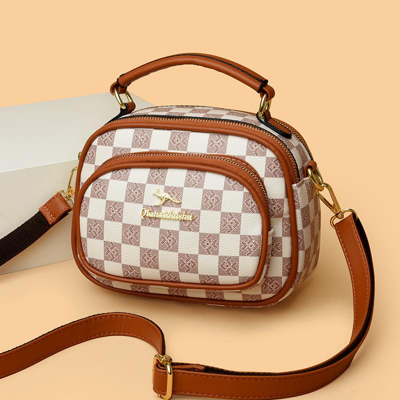 Checkerboard Summer Women's Bag  Crossbody Mobile Phone Bag  Fashionable Multi-layer Versatile Handbag  Middle-aged Mommy Bag