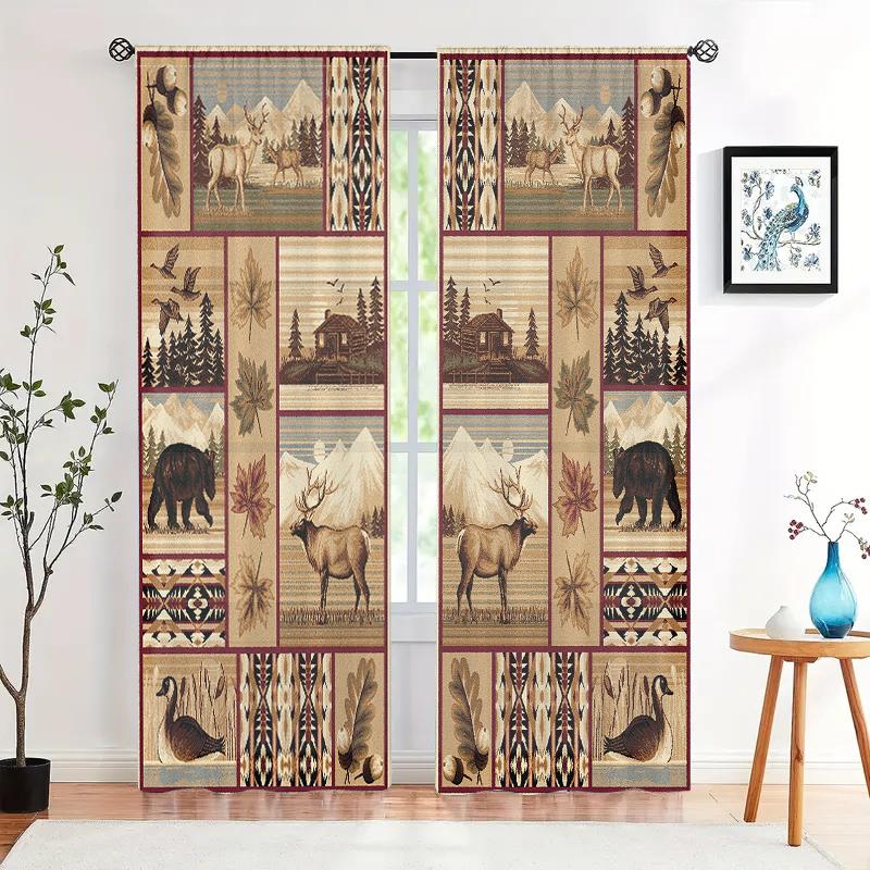 2 Pieces, Rural Cottage Animal Elk Farmhouse Curtains - Semi Transparent - Suitable for Living Room, Bedroom, Kitchen, Home Deco