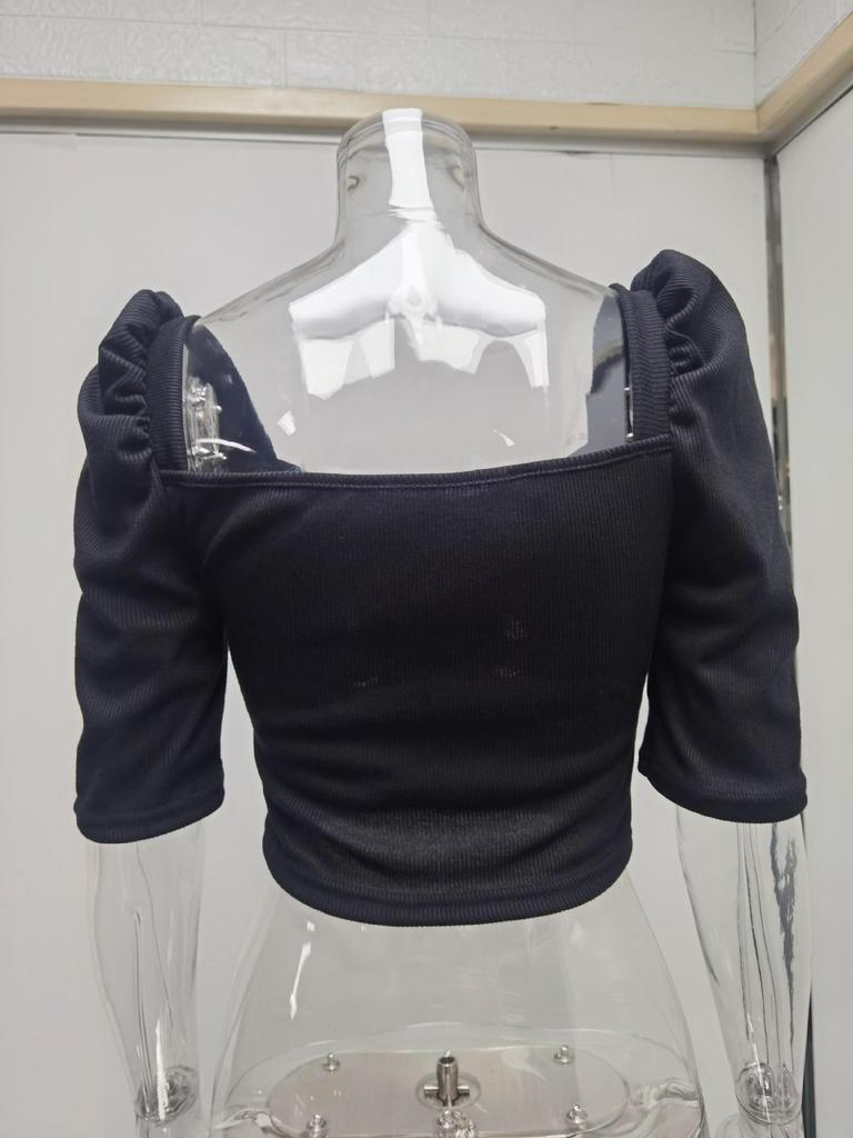 Women's Spring New Women's Simple Square Neck Puff Sleeve Top Women's Short Sleeve