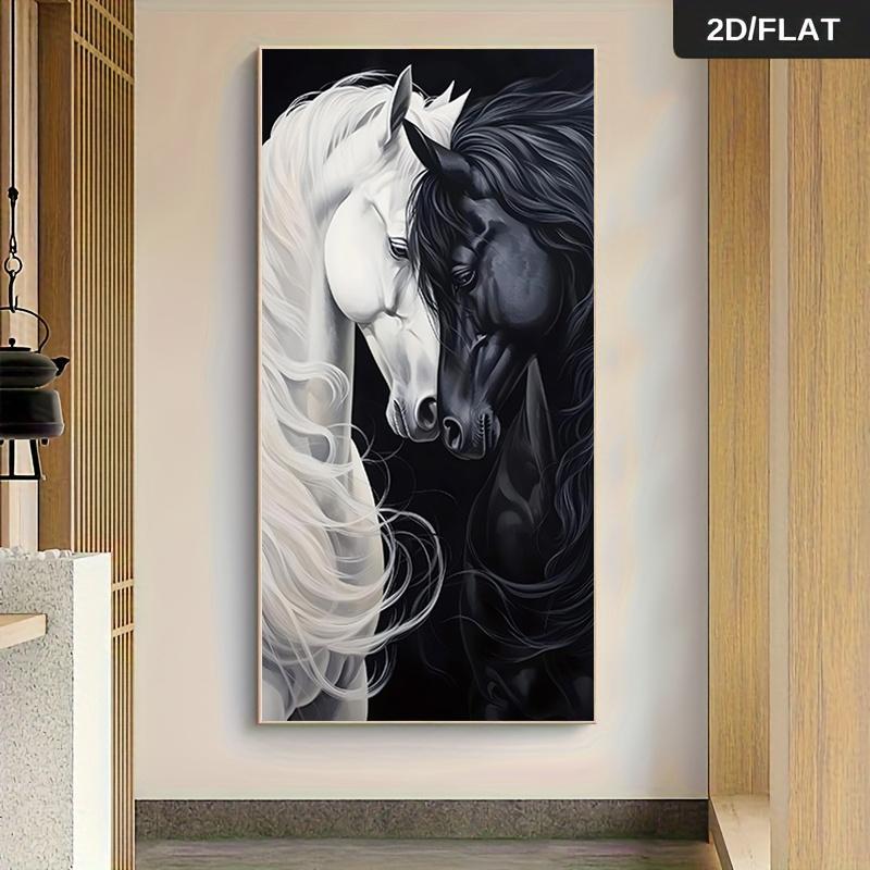 

1 black and white double horse art canvas painting, modern minimalist living room entrance decoration painting, Nordic style fra (as the picture,50x100cm No Frame)