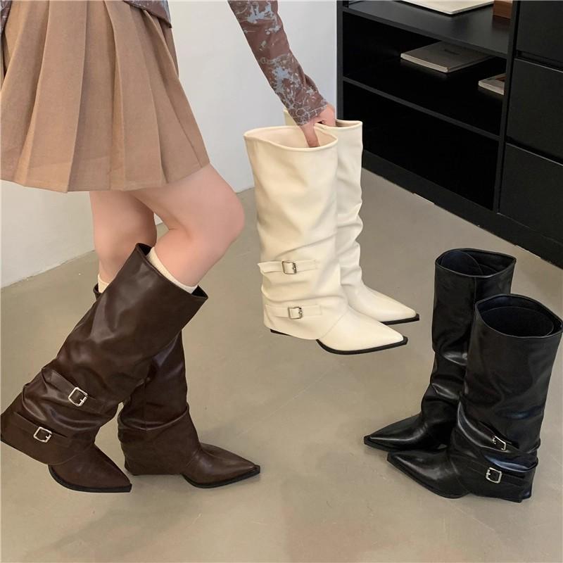 Pointed buckle pleated pile boots women's thick heel 2025 punk style knight boots fried street hot girl high heel boots
