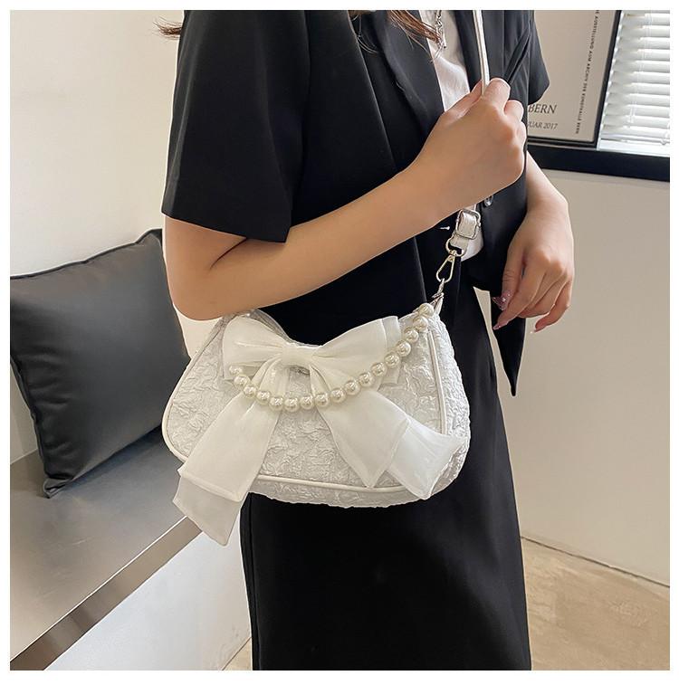 2024 New Fashion Small Shoulder Bag Women Stylish Crossbody Bag With Cute Pleats And Lovely Bow Pearl Handbag In White